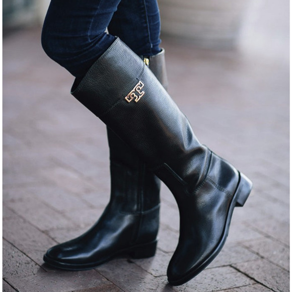 Tory Burch Joanna Black Pebbled Leather Riding Boots Gold Logo Zip Size 8.5 M - Picture 1 of 15